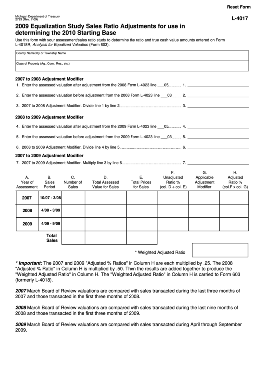 Fillable Form L-4017 - Equalization Study Sales Ratio Adjustments For Use In Determining The 2010 Starting Base - 2009 Printable pdf