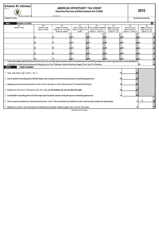 Schedule B2 Individual - American Opportunity Tax Credit - 2010 Printable pdf