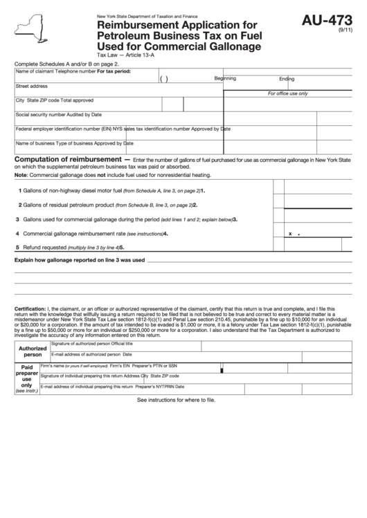 Form Au-473 - Reimbursement Application For Petroleum Business Tax On Fuel Used For Commercial Gallonage - 2011 Printable pdf