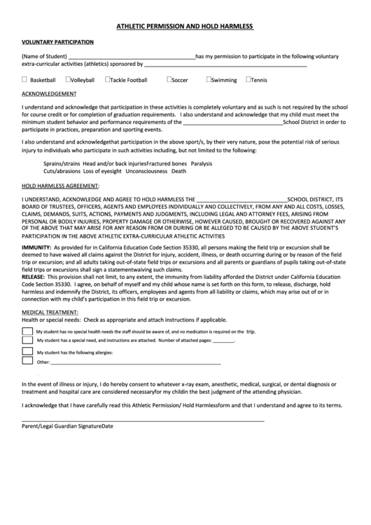 Athletic Permission And Hold Harmless Form Printable pdf