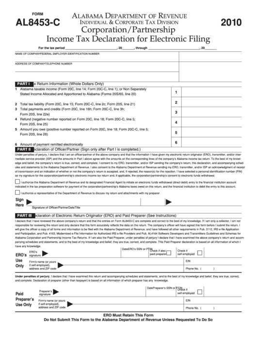 Form Al8453-C - Corporation/partnership Income Tax Declaration For Electronic Filing - 2010 Printable pdf
