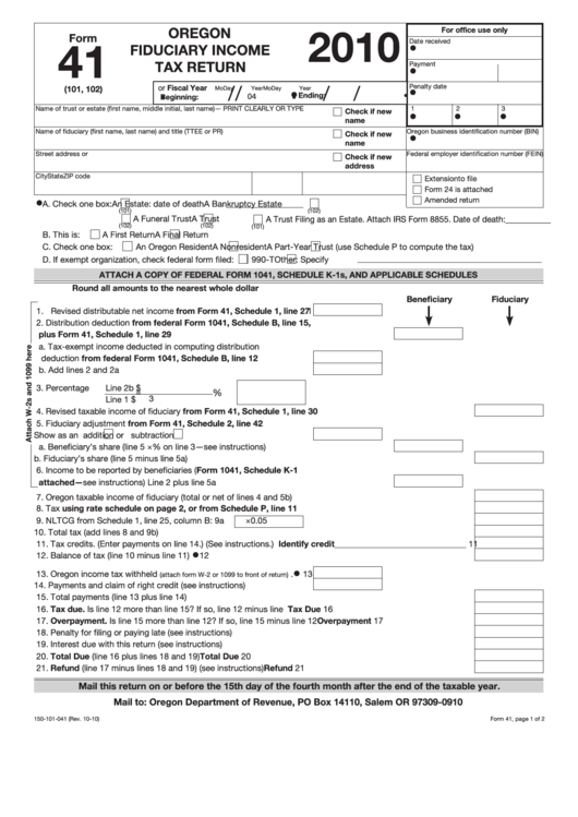 Fillable Form 41 - Oregon Fiduciary Income Tax Return - 2010 Printable pdf