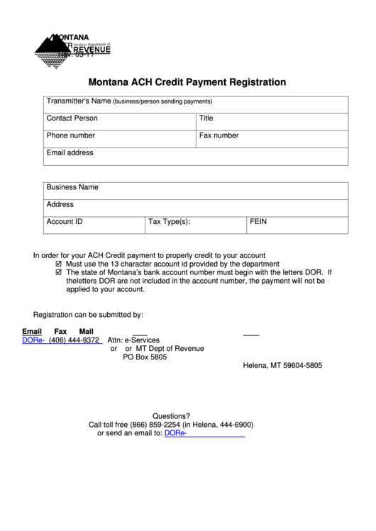 Form Montana Etr - Montana Ach Credit Payment Registration - 2011 Printable pdf