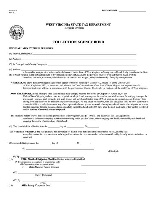 Form Wv/cab-1 - Collection Agency Bond - 2011 Printable pdf