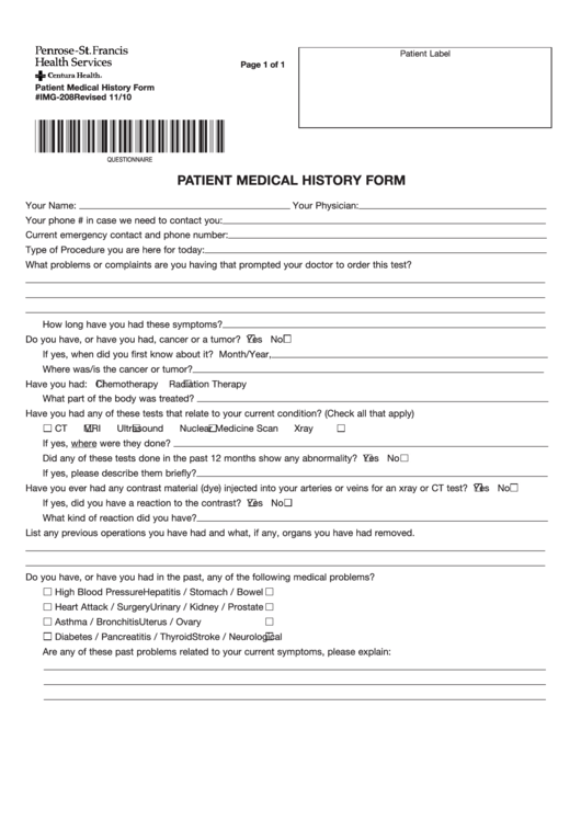 Fillable Patient Medical History Form Printable pdf