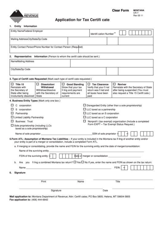 Fillable Form Montana Cr-T - Application For Tax Certificate - 2011 Printable pdf