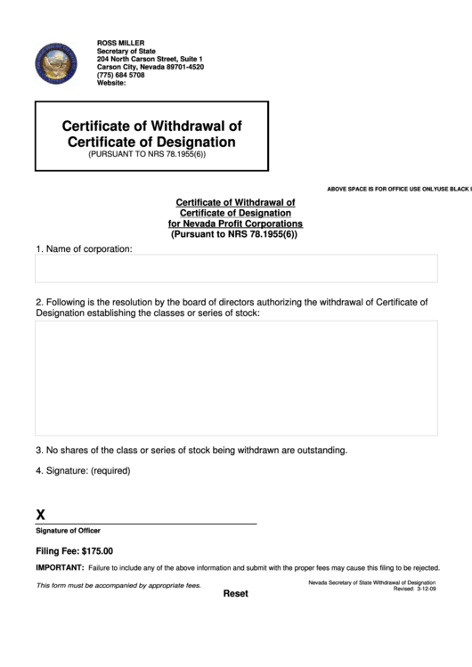 Fillable Certificate Of Withdrawal Of Certificate Of Designation Form - 2009 Printable pdf