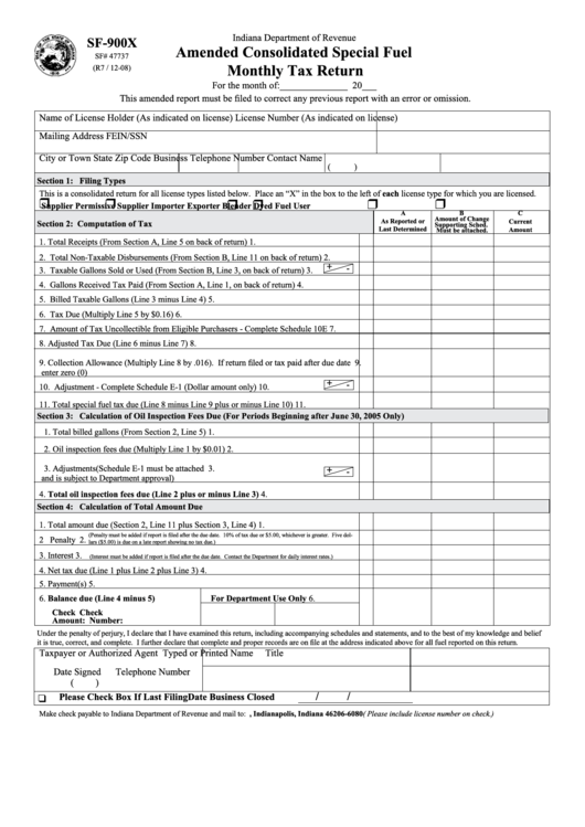 Fillable Form Sf-900x - Amended Consolidated Special Fuel Monthly Tax Return - 2008 Printable pdf