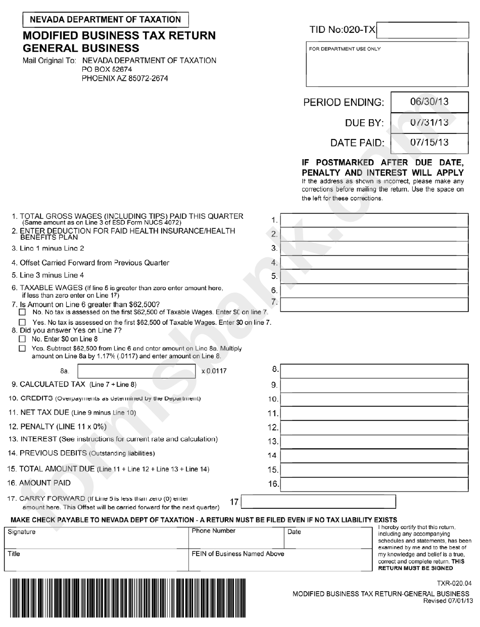 Modified Business Tax Return Form - Nevada Department Of Taxation