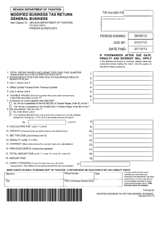 Modified Business Tax Return Form - Nevada Department Of Taxation Printable pdf