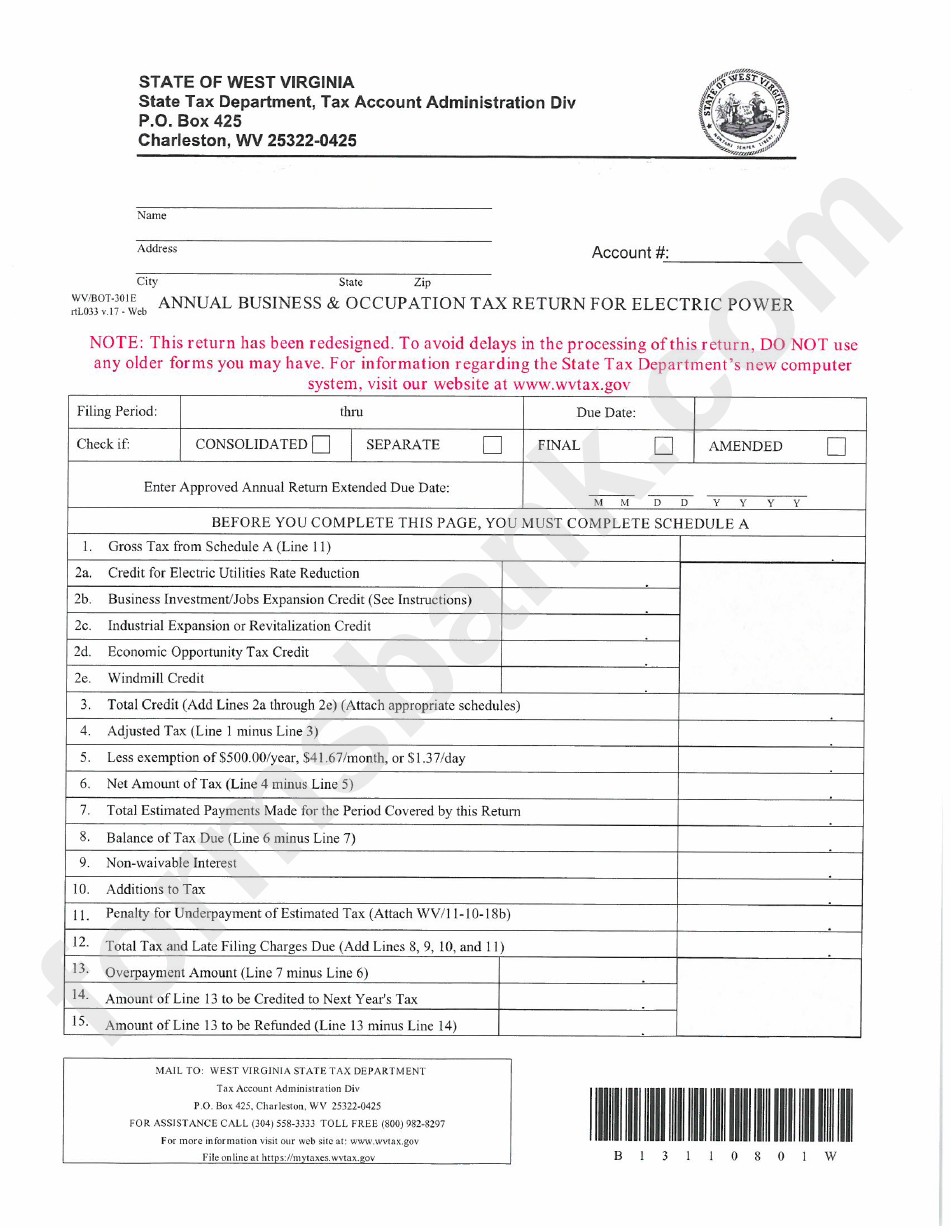 Annual Business & Occupation Tax Return Form For Electric Power West