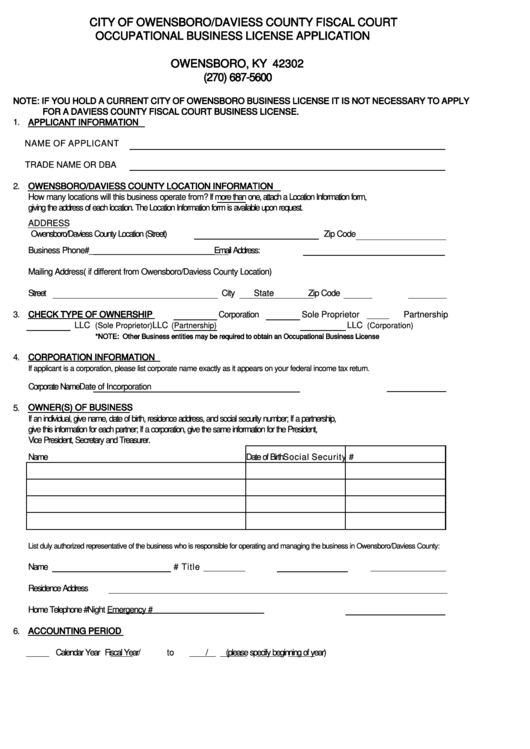 Occupational Business License Application Form Printable pdf
