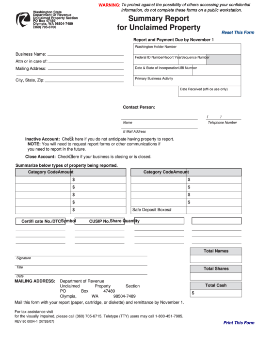 Fillable Form Rev 80 0004-2 - Summary Report For Unclaimed Property - Washington State Department Of Revenue Printable pdf