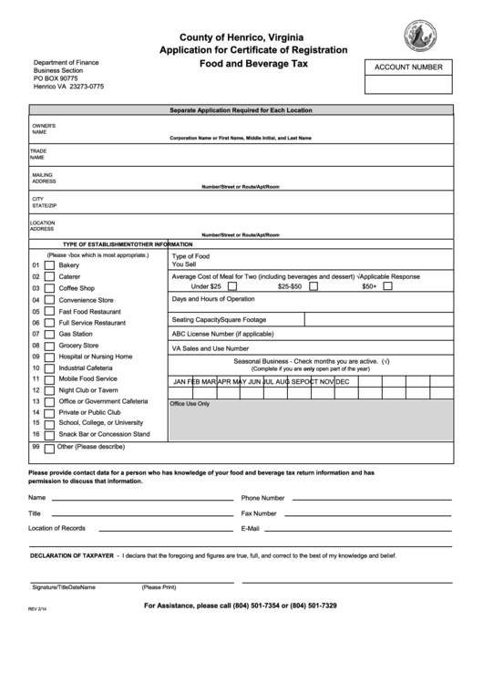 Application For Certificate Of Registration Food And Beverage Tax Form - County Of Henrico, Virginia Department Of Finance Printable pdf