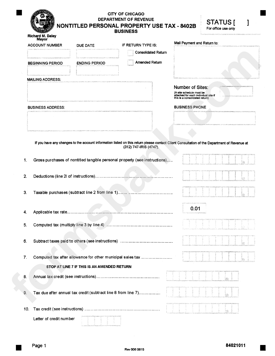 Nontitled Personal Property Use Tax Form - 8402b - City Of Chicago, Illinois - Department Of Revenue