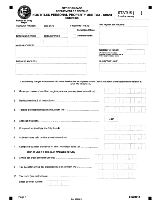 Nontitled Personal Property Use Tax Form - 8402b - City Of Chicago, Illinois - Department Of Revenue Printable pdf