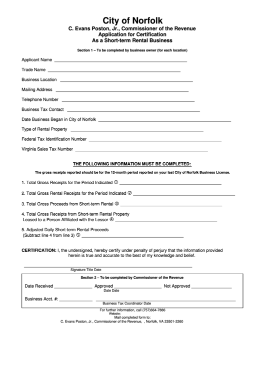 Application For Certification As A Short-Term Rental Business Form - City Of Norfolk, Virginia Printable pdf