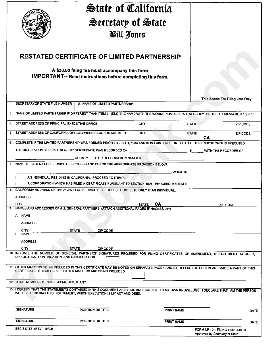 Form Lp-10 - Restated Certificate Of Limited Partnership - California Secretary Of State
