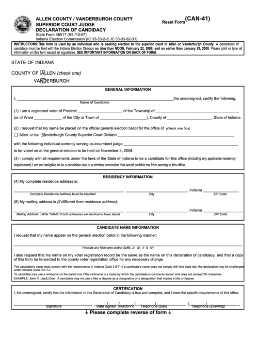 Fillable Form 48517 - Allen County / Vanderburgh County Superior Court Judge Declaration Of Candidacy - Indiana Election Commission Printable pdf
