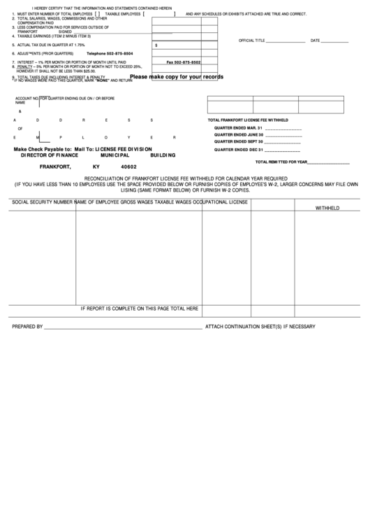 Fillable Reconciliation Of Frankfort License Fee Withheld For Calendar Year Required Form Printable pdf