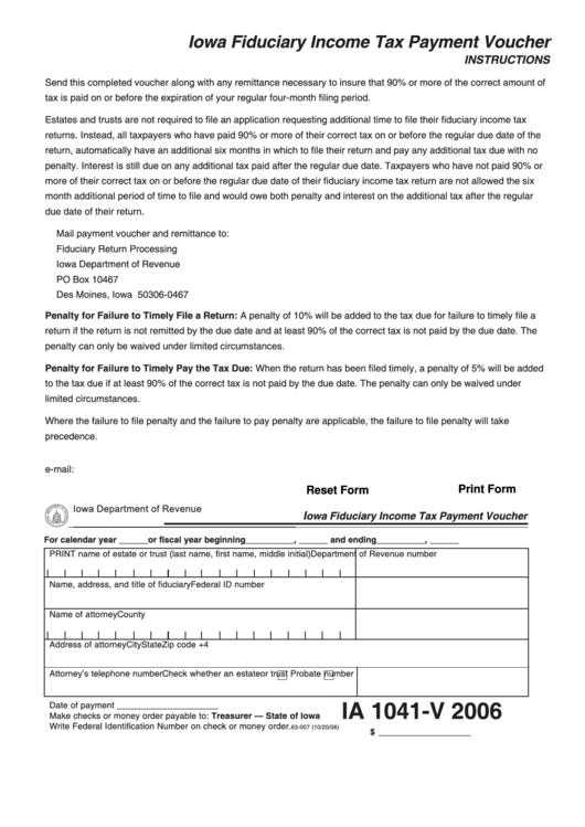 Form Ia 1041-V - Iowa Fiduciary Income Tax Payment Voucher - 2006 Printable pdf