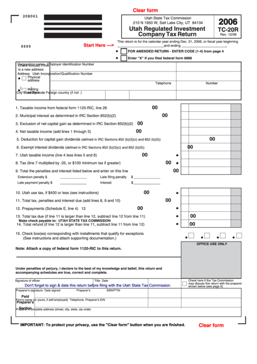 Fillable Form Tc-20r - Utah Regulated Investment Company Tax Return - 2006 Printable pdf