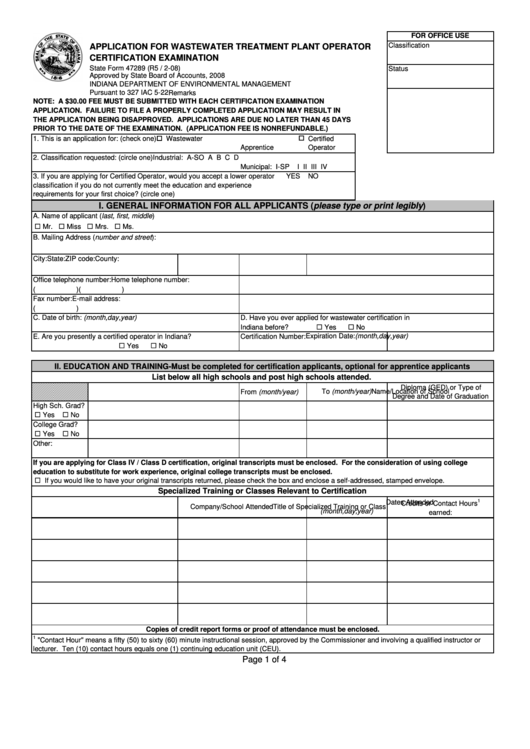 State Form 47289 - Application For Wastewater Treatment Plant Operator Certification Examination Printable pdf