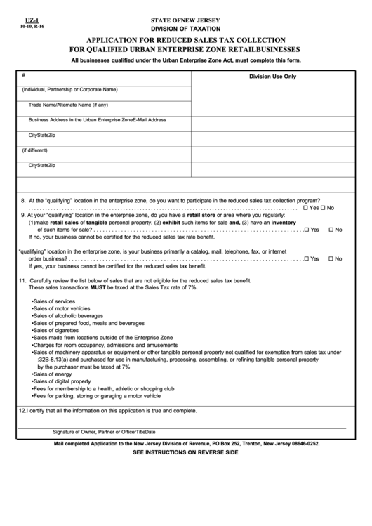 Fillable Form Uz-1 - Application For Reduced Sales Tax Collections - 2010 Printable pdf