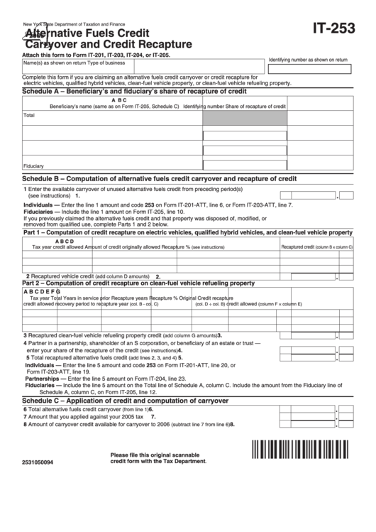 Fillable Form It-253 - Alternative Fuels Credit Carryover And Credit Recapture Printable pdf