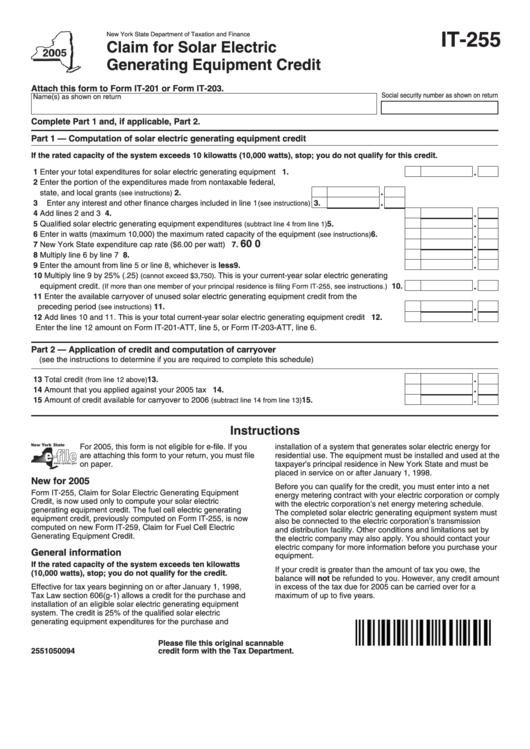 Fillable Form It-255 - Claim For Solar Electric Generating Equipment Credit Printable pdf
