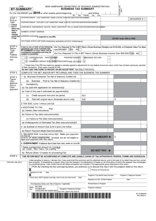 Fillable Form Bt-Summary - Business Tax Summary - 2010 Printable pdf