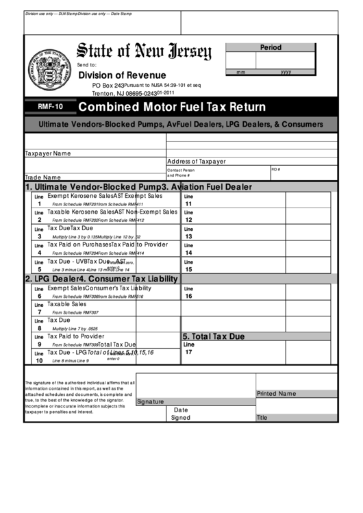 Form Rfm-10 - Combined Motor Fuel Tax Return - State Of New Jersey Division Of Revenue Printable pdf