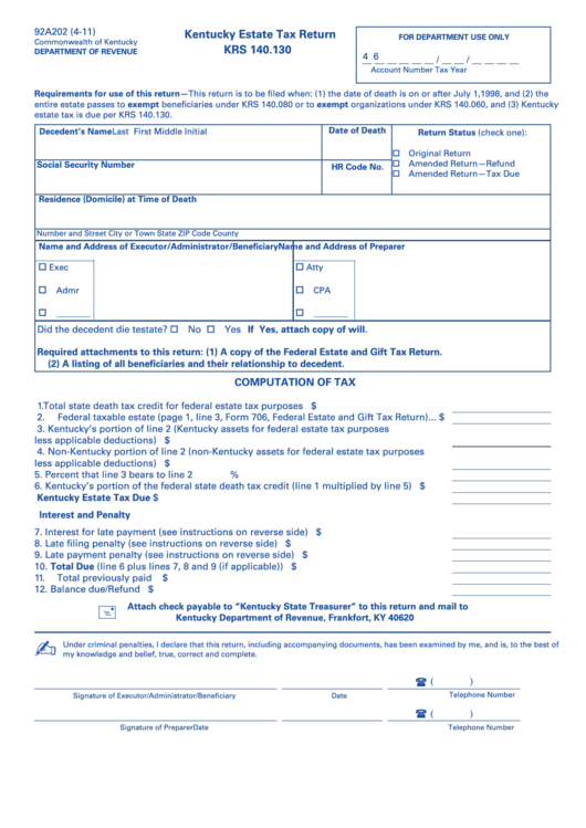 Form 92a202 - Estate Tax Return - 2011 Printable pdf
