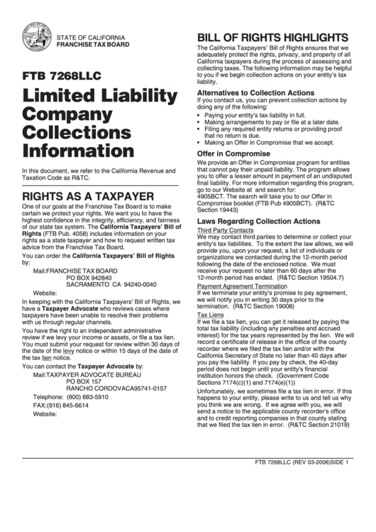 Form Ftb 7268llc - Limited Liability Company Collections Information - State Of California Franchise Tax Board Printable pdf