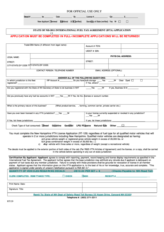 Form Rt129 - International Fuel Tax Agreement (Ifta) Application Printable pdf