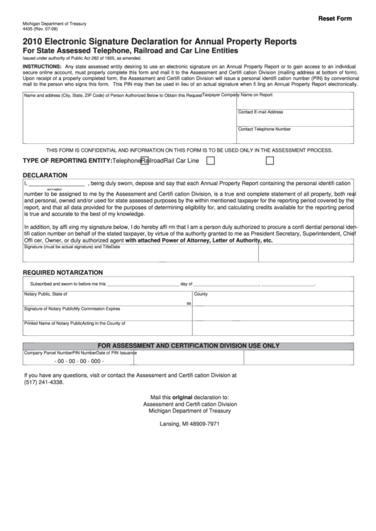 Form 4435 - Electronic Signature Declaration For Annual Property Reports For State Assessed Telephone, Railroad And Car Line Entities - 2010