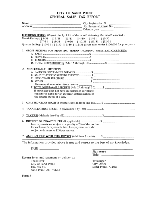 General Sales Tax Report Form - City Of Sand Point, Alaska Printable pdf