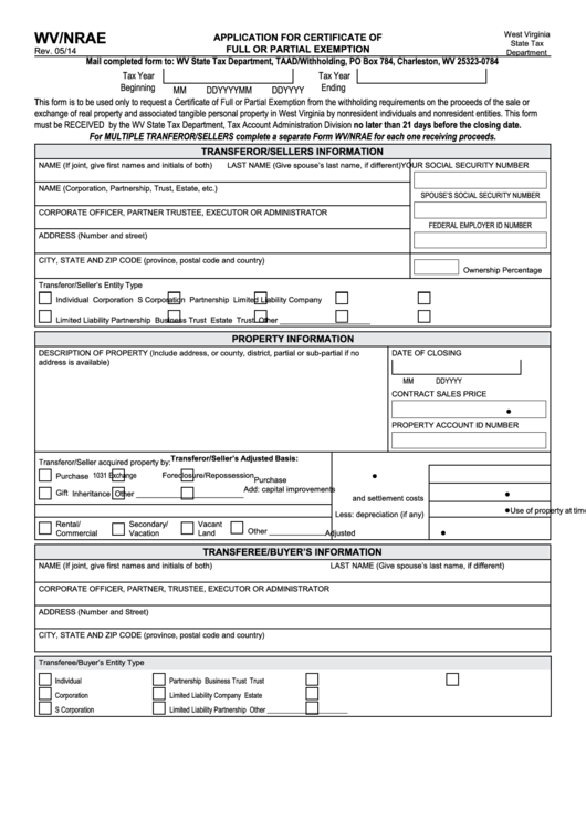Form Wv/nrae - Application For Certificate Of Full Or Partial Exemption Form - West Virginia State Tax Department Printable pdf