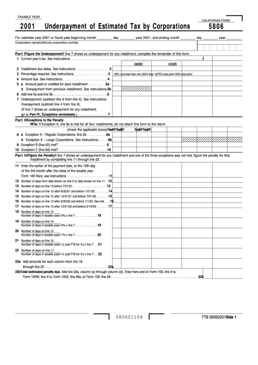 California Form 5806 - Underpayment Of Estimated Tax By Corporations - 2001 Printable pdf