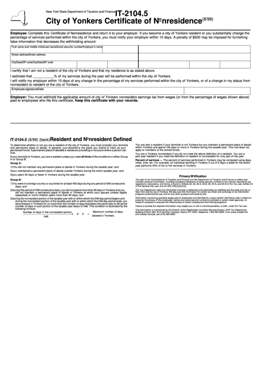 Form It-2104.5 - City Of Yonkers Certificate Of Nonresidence - New York State Department Of Taxation And Finance Printable pdf