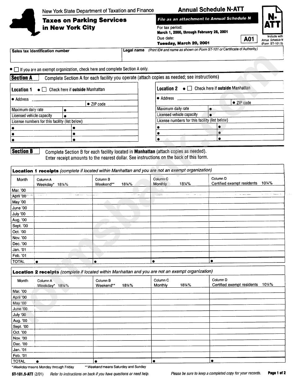 Form St-101.5-Att - Taxes On Parking Services In New York City - New York State Department Of Taxation And Finance