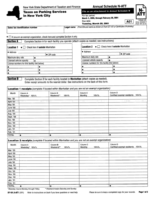 Form St-101.5-Att - Taxes On Parking Services In New York City - New York State Department Of Taxation And Finance Printable pdf