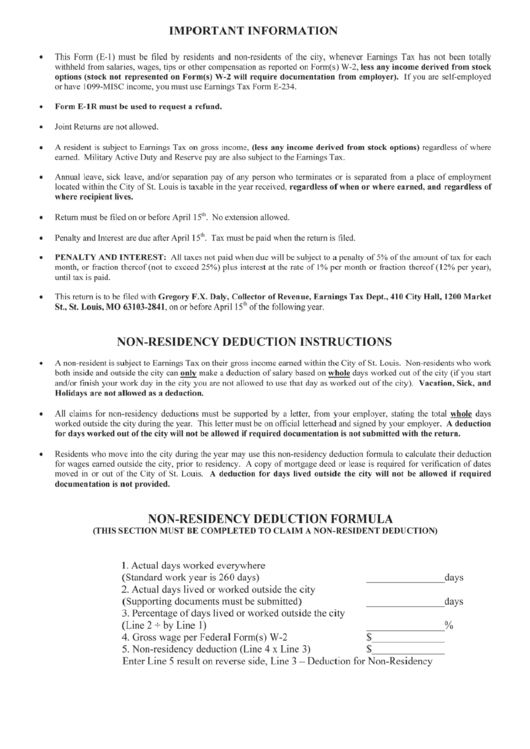 Fillable Non-Residency Deduction Formula Form - Missouri Printable pdf