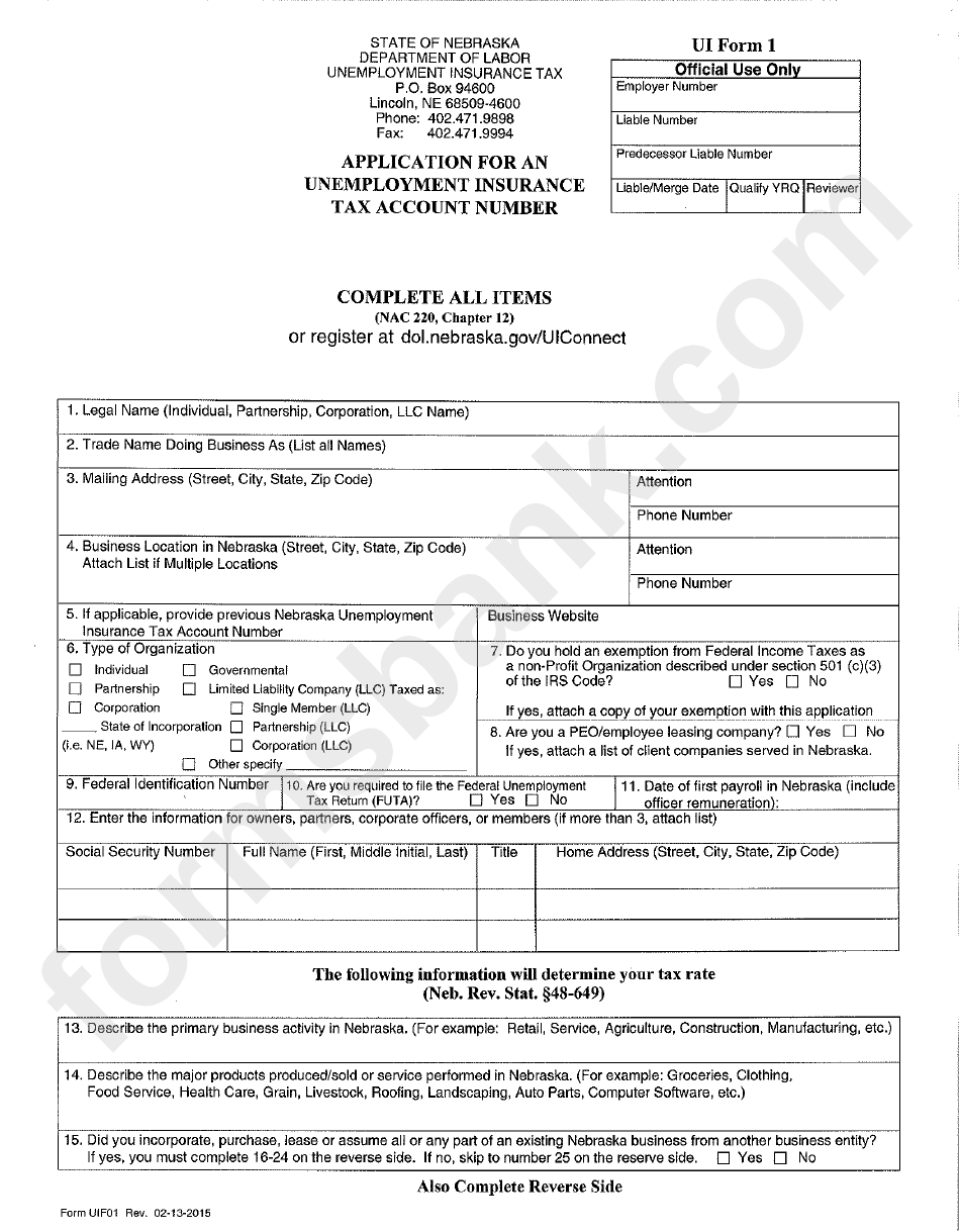 Ui Form 1 - Application For An Unemployment Insurance Tax Acoount Number - Nebraska Department Of Labor