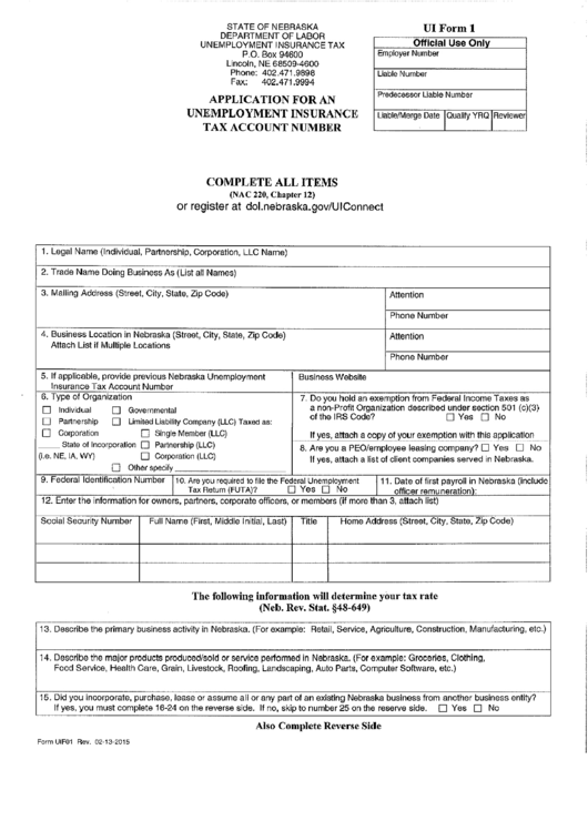 Ui Form 1 - Application For An Unemployment Insurance Tax Acoount Number - Nebraska Department Of Labor Printable pdf