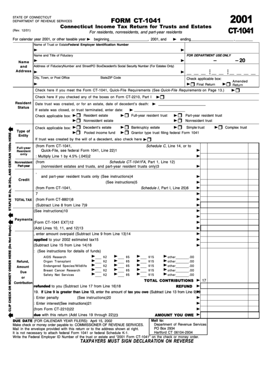 Form Ct-1041 - Connecticut Income Tax Return For Trusts And Estates - 2001 Printable pdf