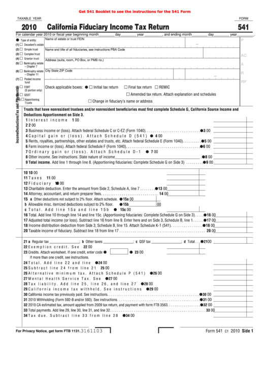 Fillable Form 541 - California Fiduciary Income Tax Return - 2010 Printable pdf