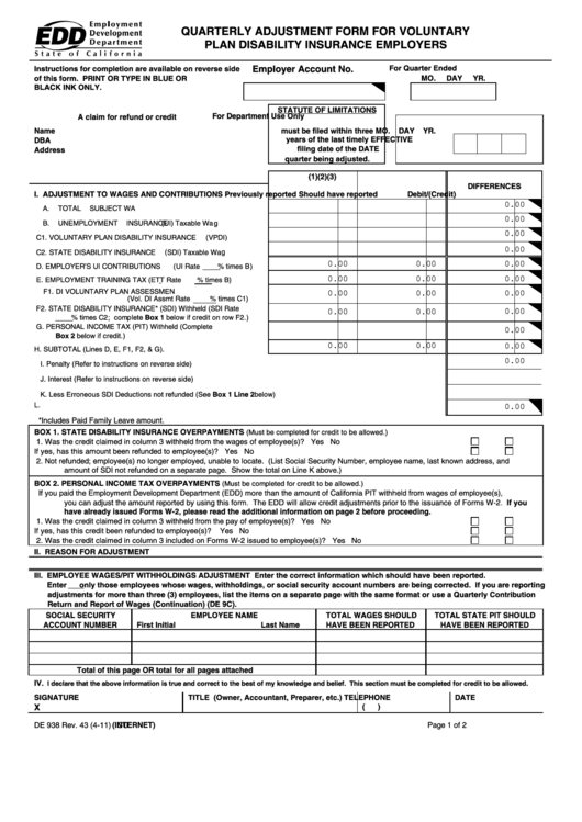 Fillable Form De 938 - Quarterly Adjustment Form For Voluntary Plan Disability Insurance Employers - 2011 Printable pdf