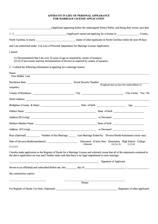Affidavit In Lieu Of Personal Appearance For Marriage License Application Form - North Carolina Printable pdf