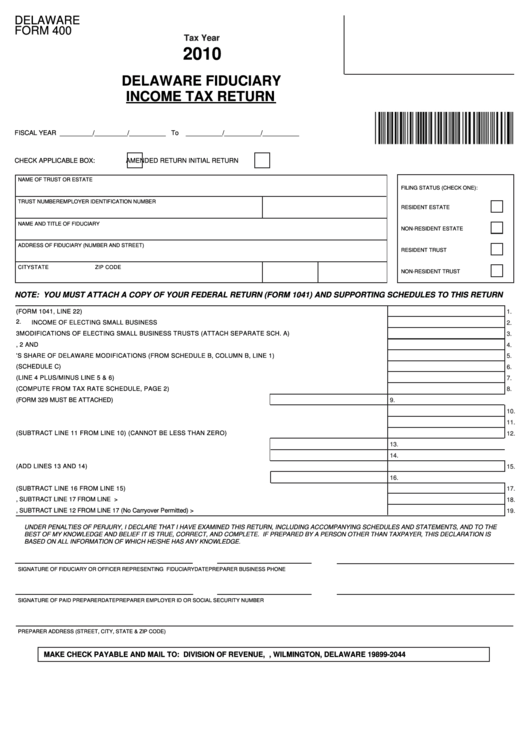 Fillable Delaware Form 400 - Fiduciary Income Tax Return - 2010 Printable pdf
